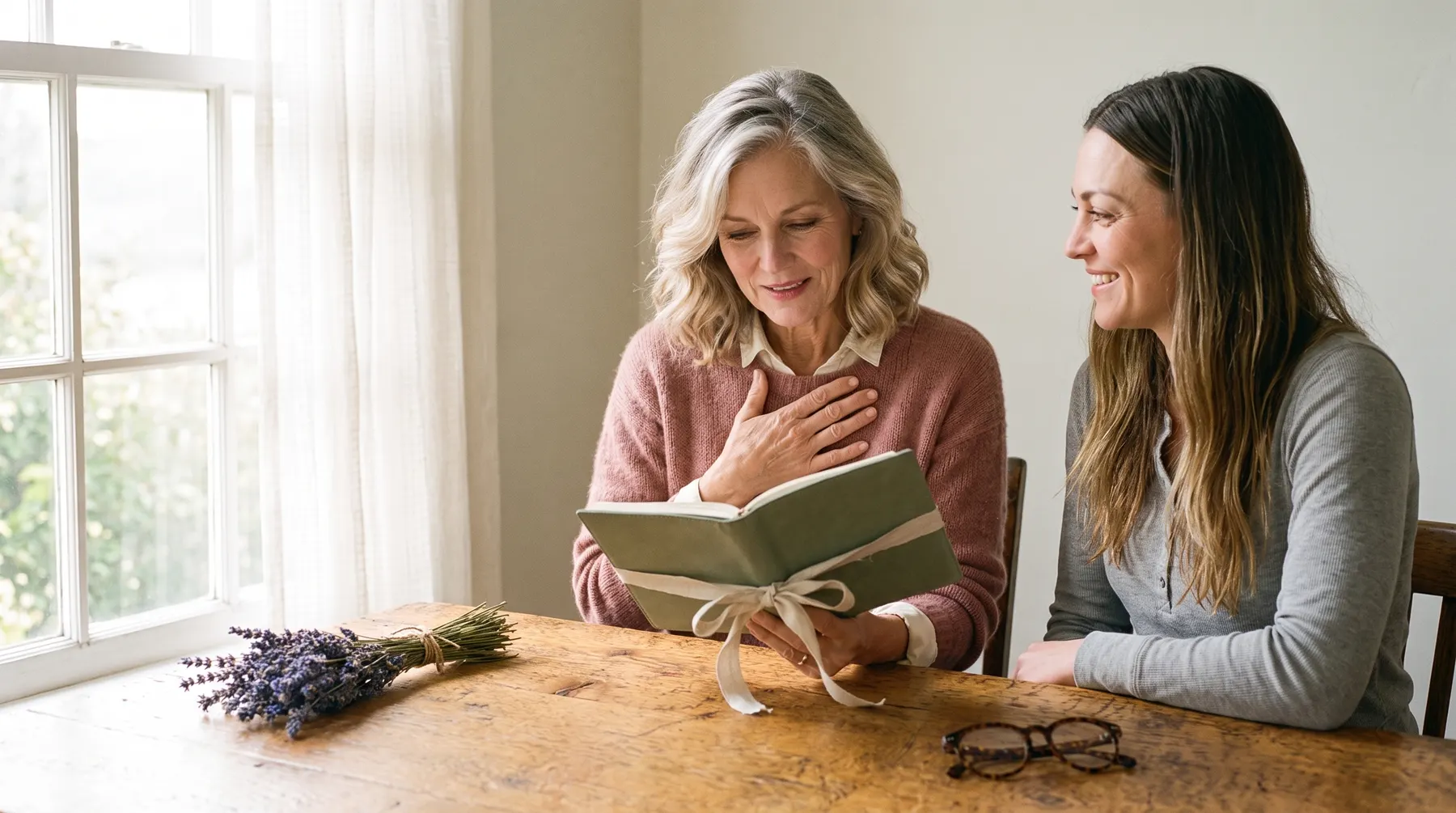 Mom Anne opening a journal her daughter gave her