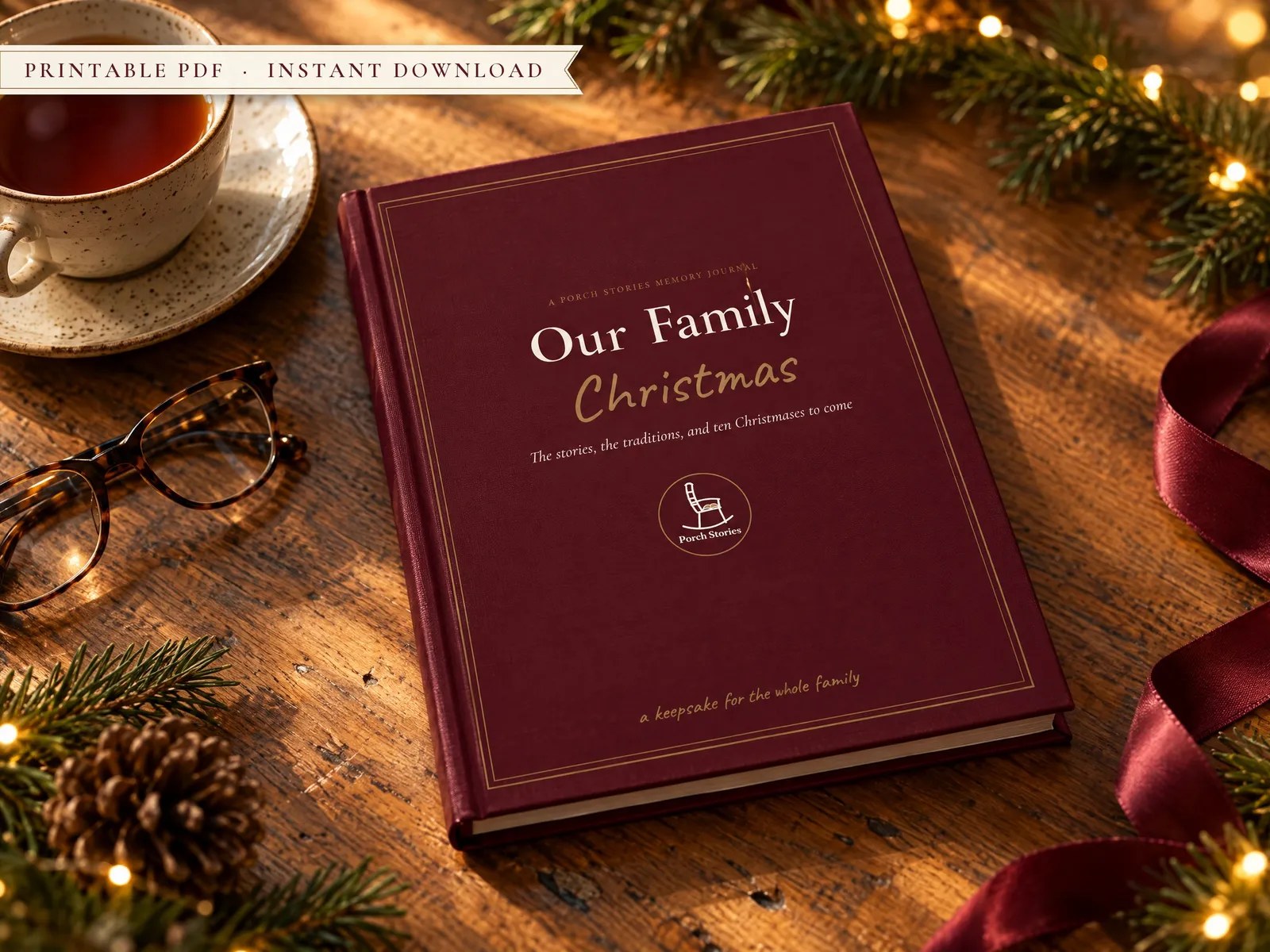 Our Family Christmas journal on a wooden table with tea, reading glasses and pine