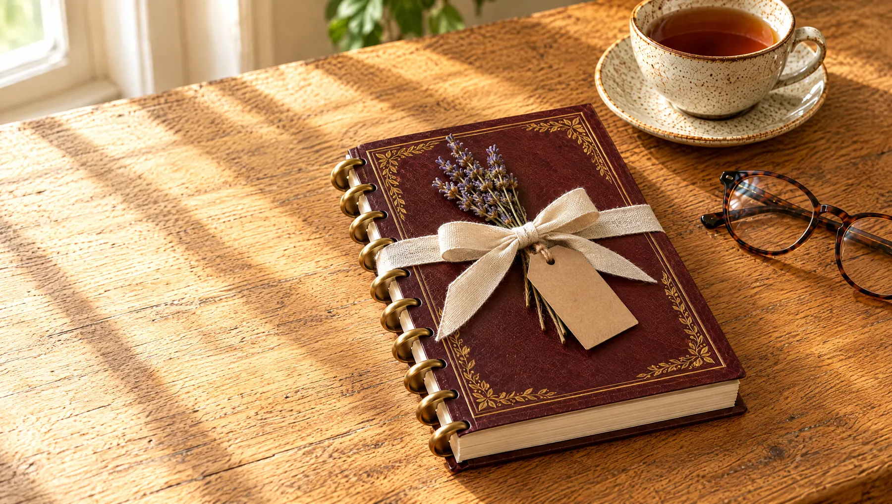 A leather journal tied with a linen ribbon and a sprig of lavender