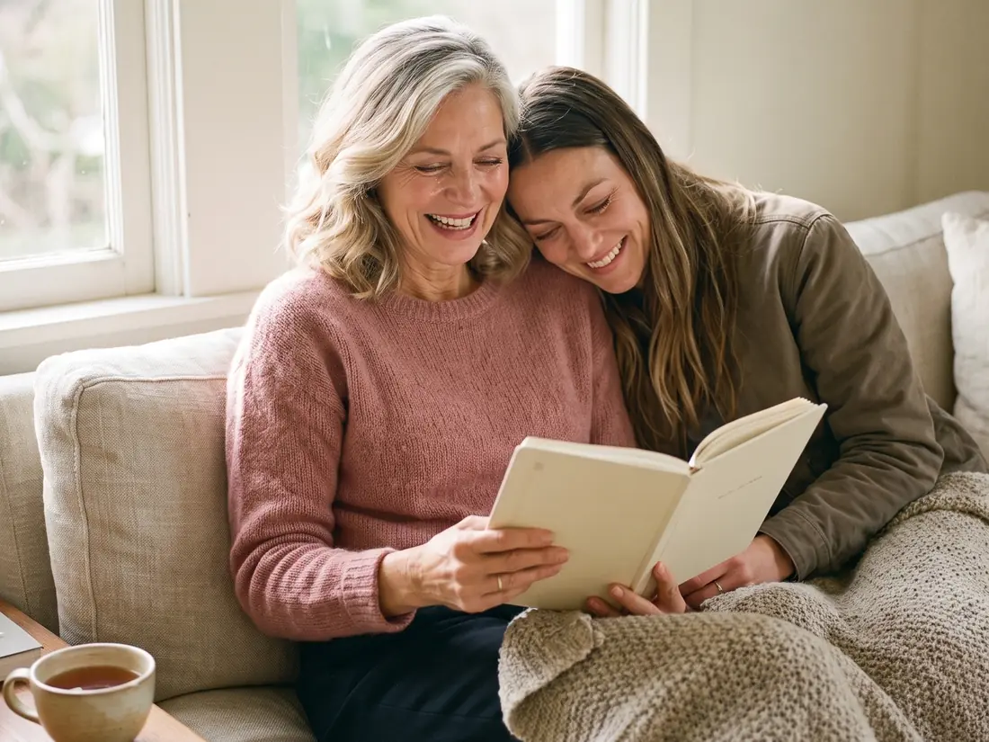 Mom and her daughter laughing together over the journal on the sofa