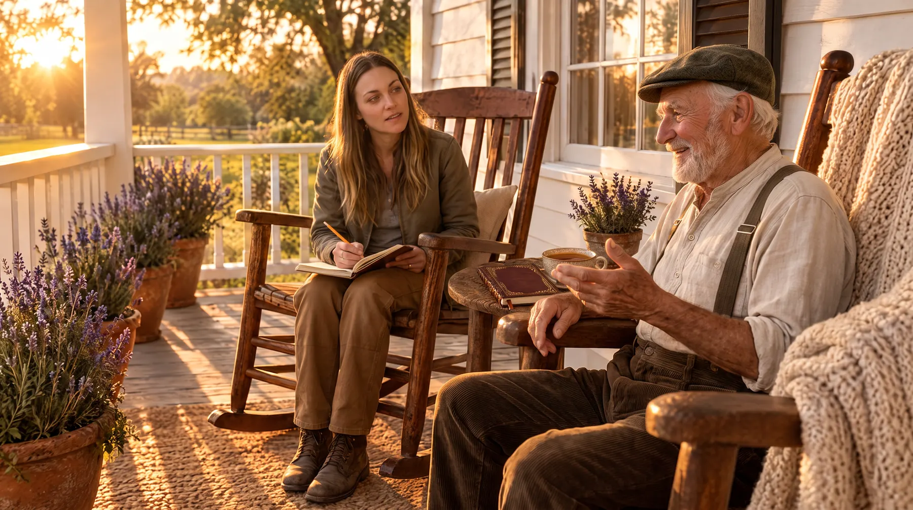 Grandpa Ollie telling a story on the porch while his granddaughter writes