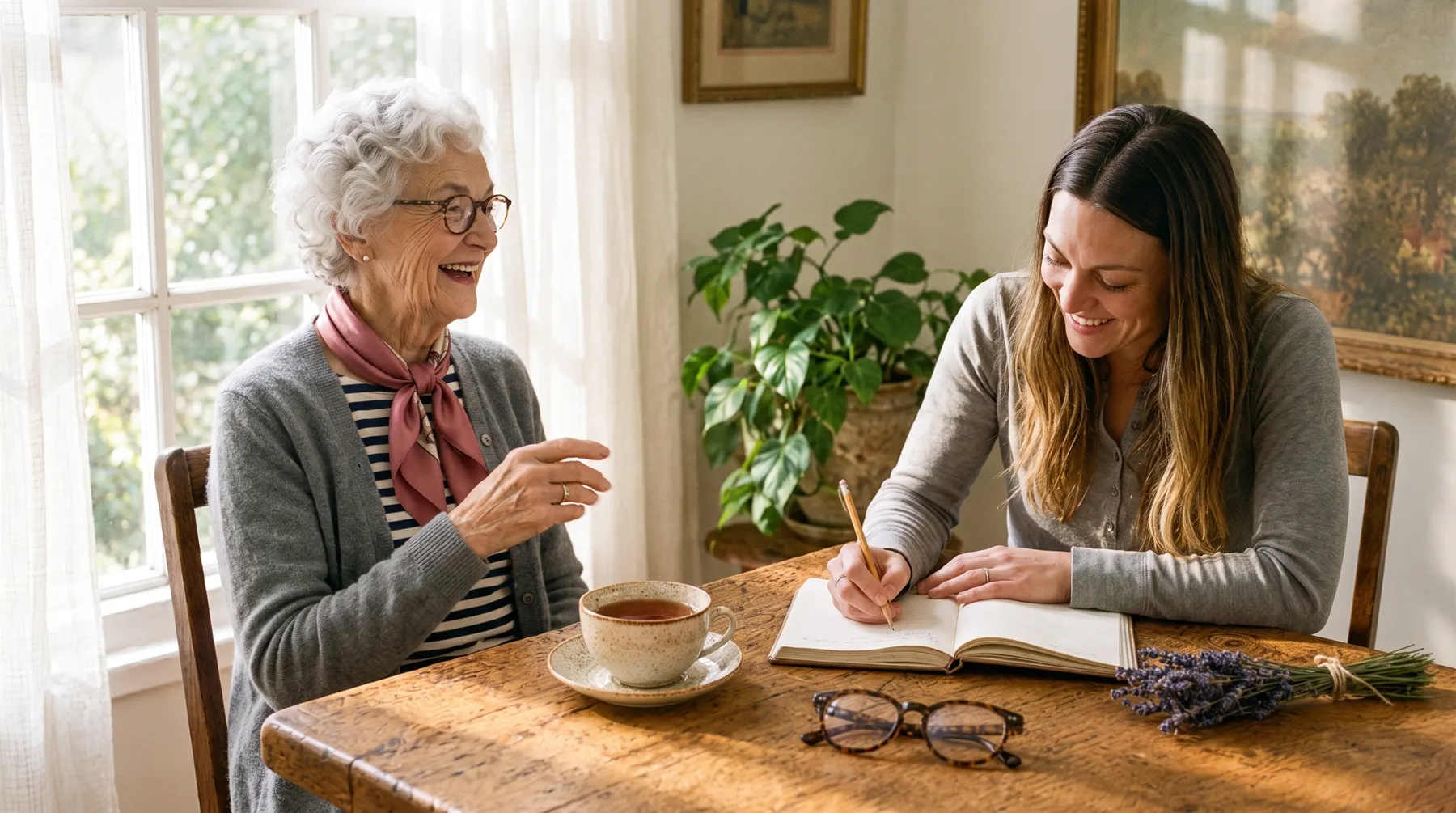Grandma Rose laughing at the kitchen table beside her granddaughter